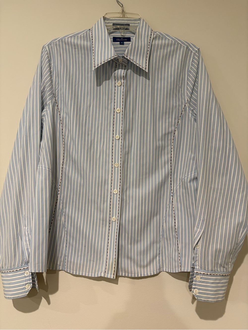 Faconnable Vintage Women's Button-Down Shirt Blue & Brown Striped Size XL